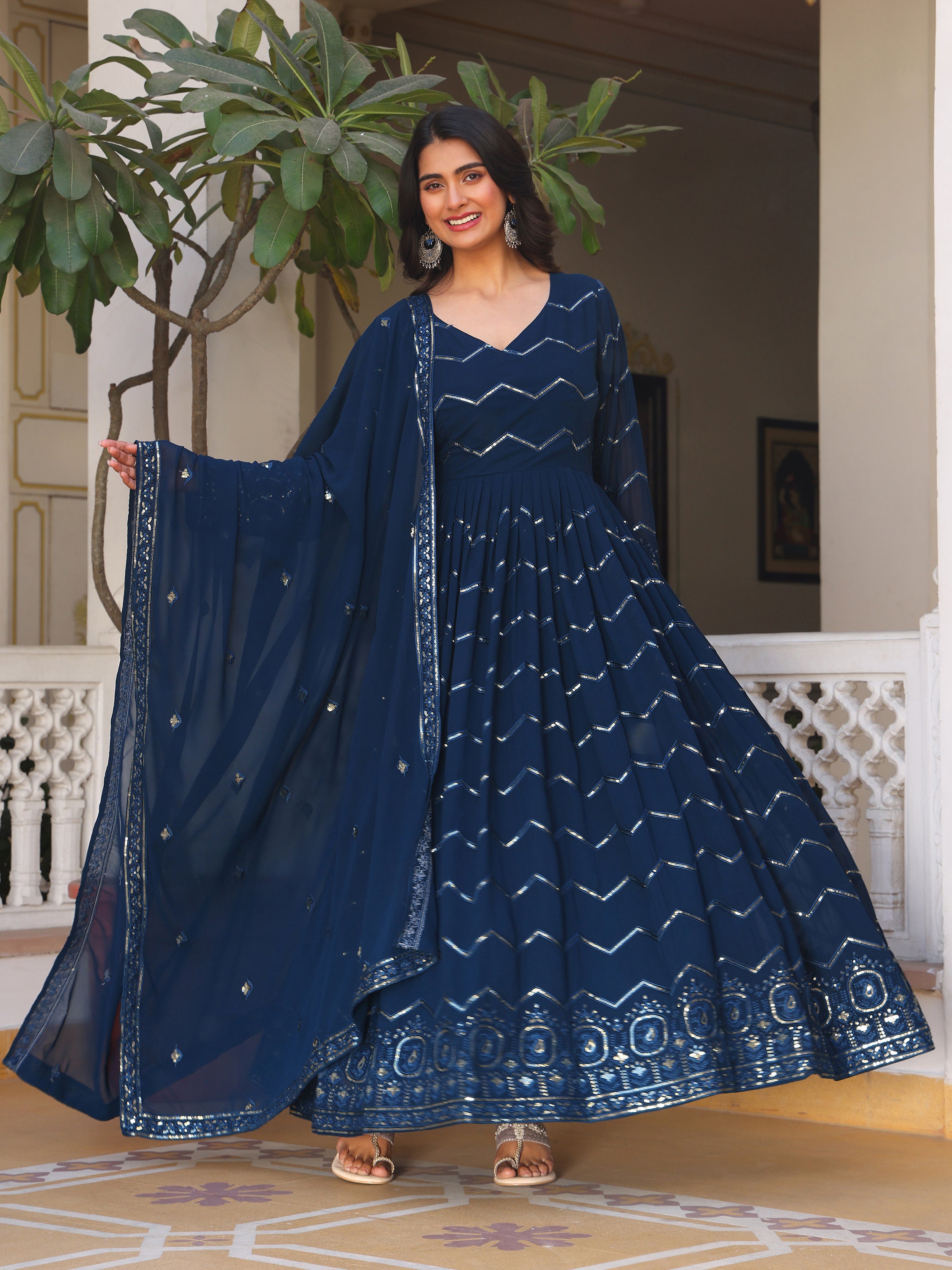 Women's Navy Blue Georgette Anarkali Gown with Silver Zig-Zag Sequins & Ornate Hemline