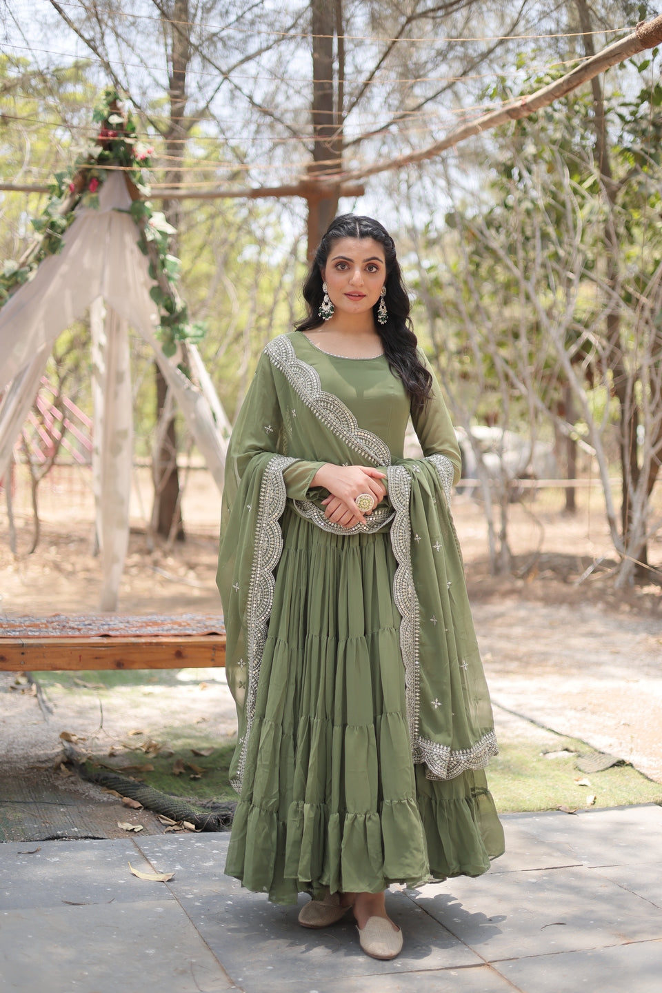 Women's Olive Green Tiered Georgette Anarkali with Scalloped Embroidery & Embellished Dupatta