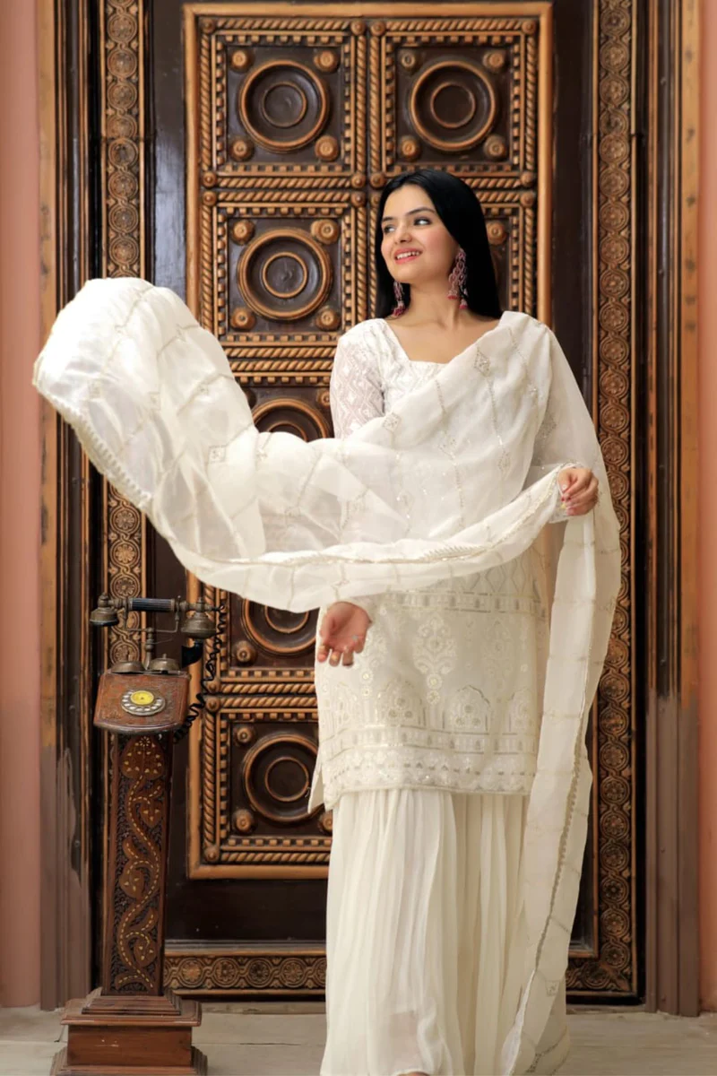 Women's Pristine White Embroidered Georgette Sharara Set with Sequined Dupatta