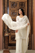 Women's Pristine White Embroidered Georgette Sharara Set with Sequined Dupatta