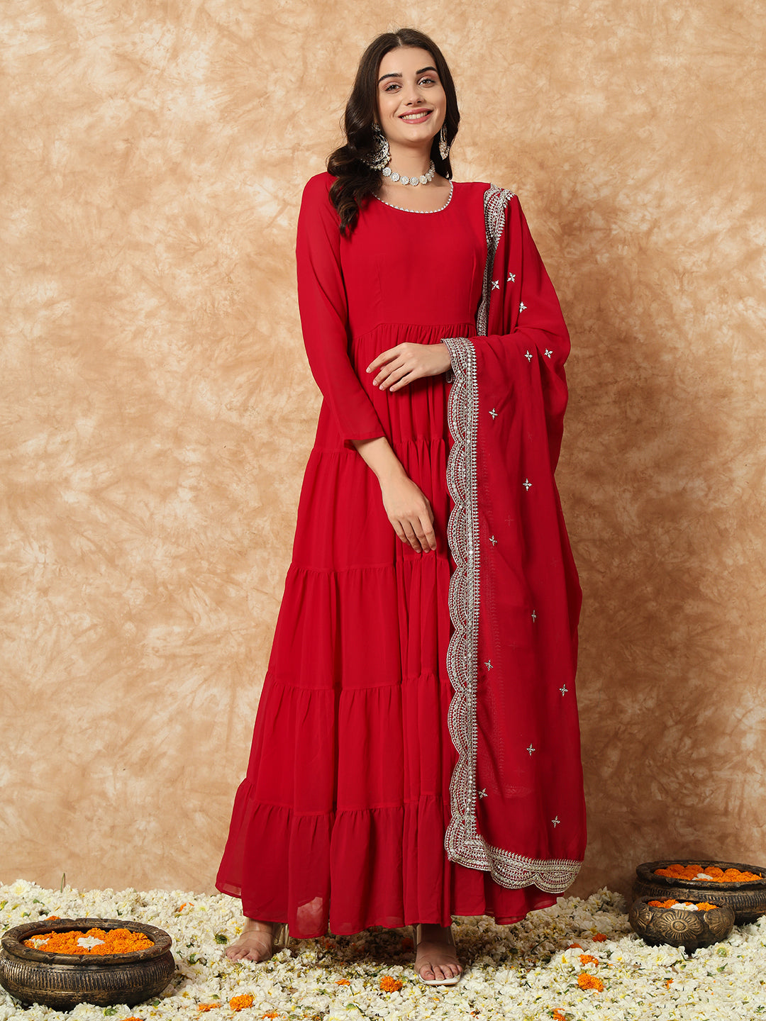 Women's Radiant Red Tiered Georgette Anarkali Gown with Heavy Silver Scalloped Dupatta