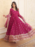 Women's Wine Magenta Georgette Anarkali Gown with Mirror Work and Floral Printed Dupatta