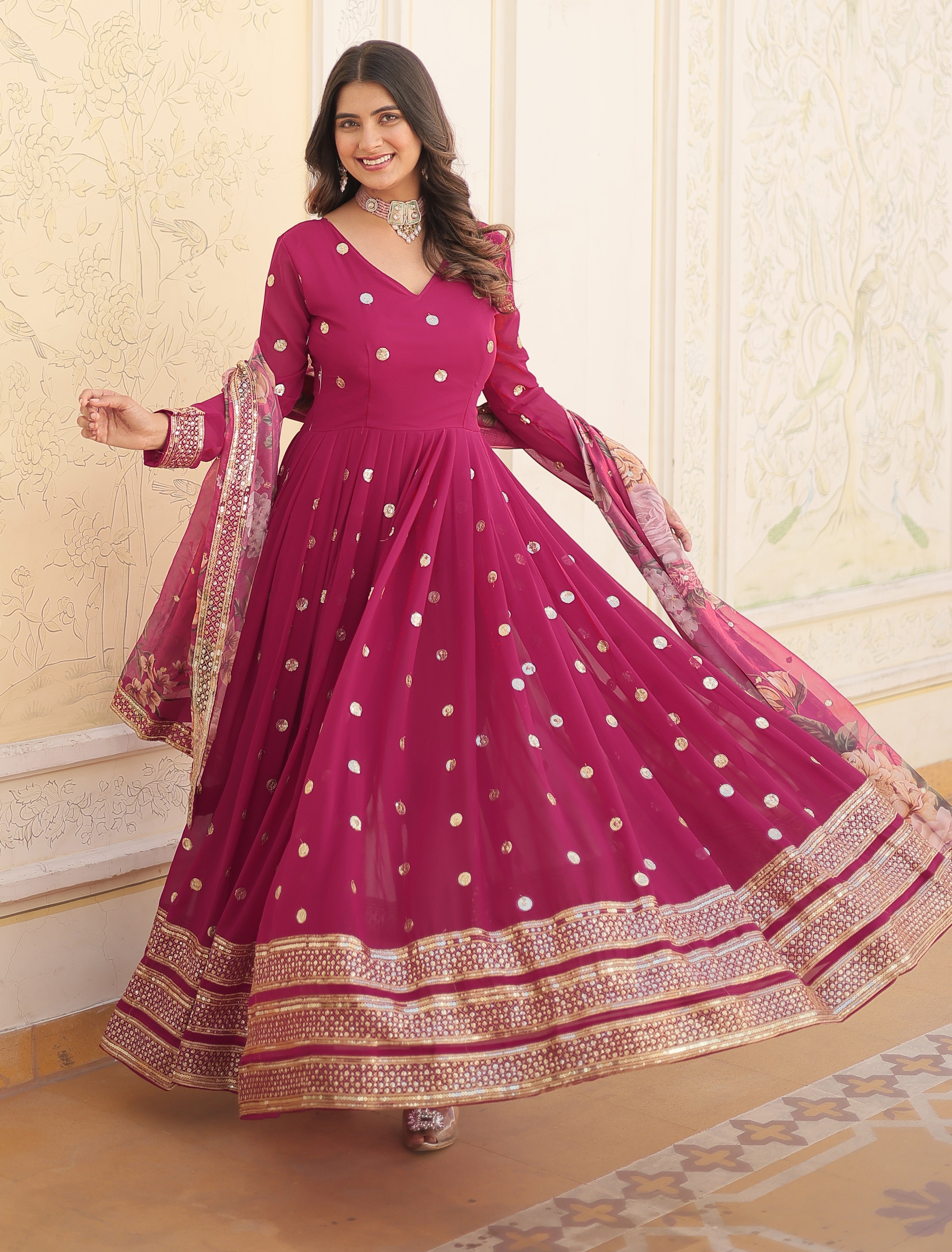 Women's Wine Magenta Georgette Anarkali Gown with Mirror Work and Floral Printed Dupatta