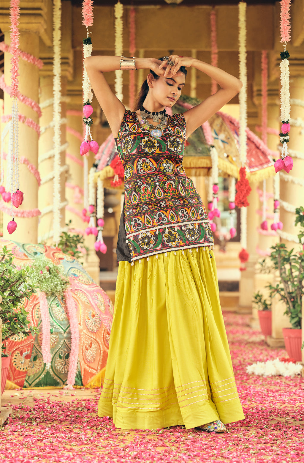 Yellow Lehenga Set with Multicolor Embroidered Top
