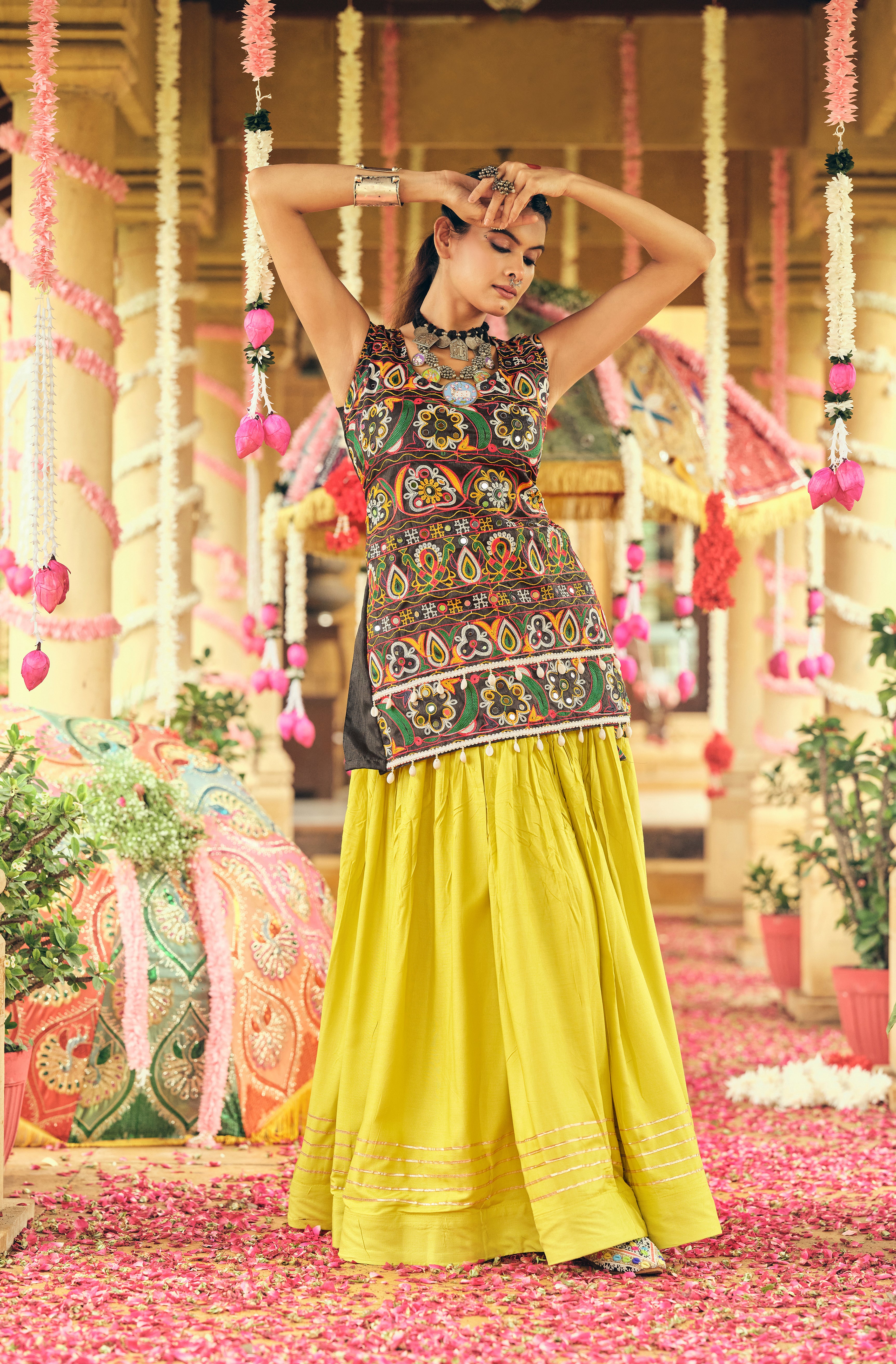 Yellow Lehenga Set with Multicolor Embroidered Top