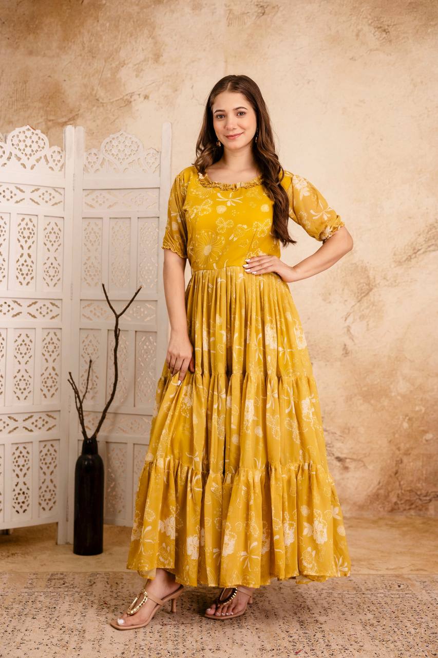 Mustard Yellow Printed Anarkali Kurta for Women | Flared Ethnic Dress