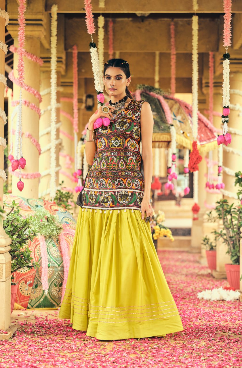 Yellow Lehenga Set with Multicolor Embroidered Top