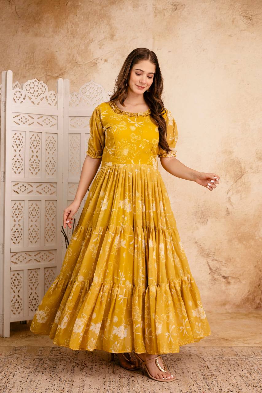 Mustard Yellow Printed Anarkali Kurta for Women | Flared Ethnic Dress