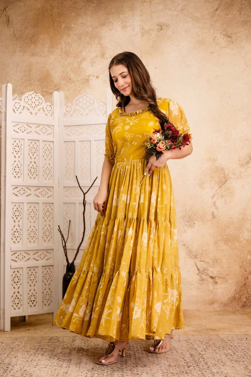 Mustard Yellow Printed Anarkali Kurta for Women | Flared Ethnic Dress