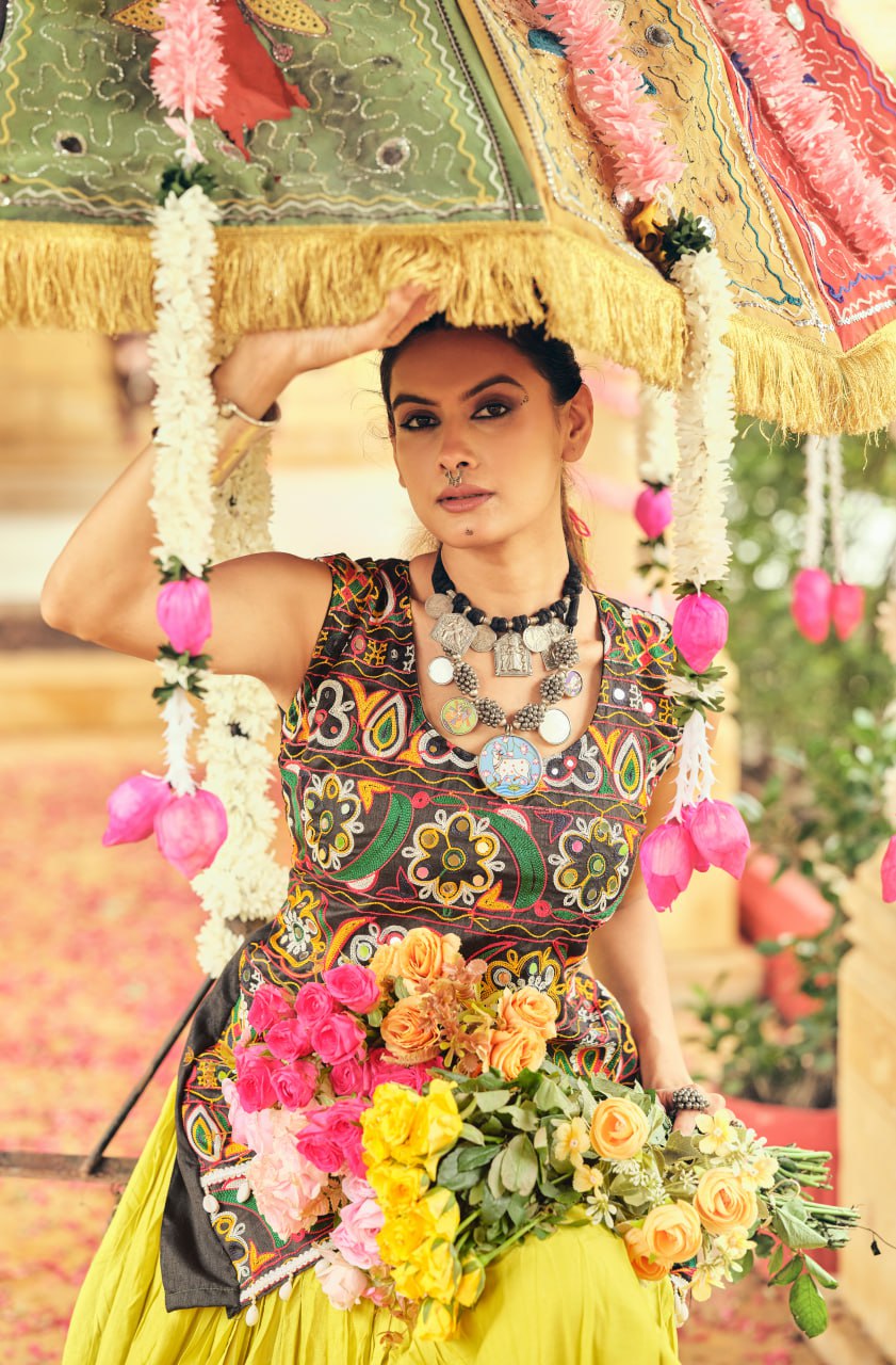 Yellow Lehenga Set with Multicolor Embroidered Top