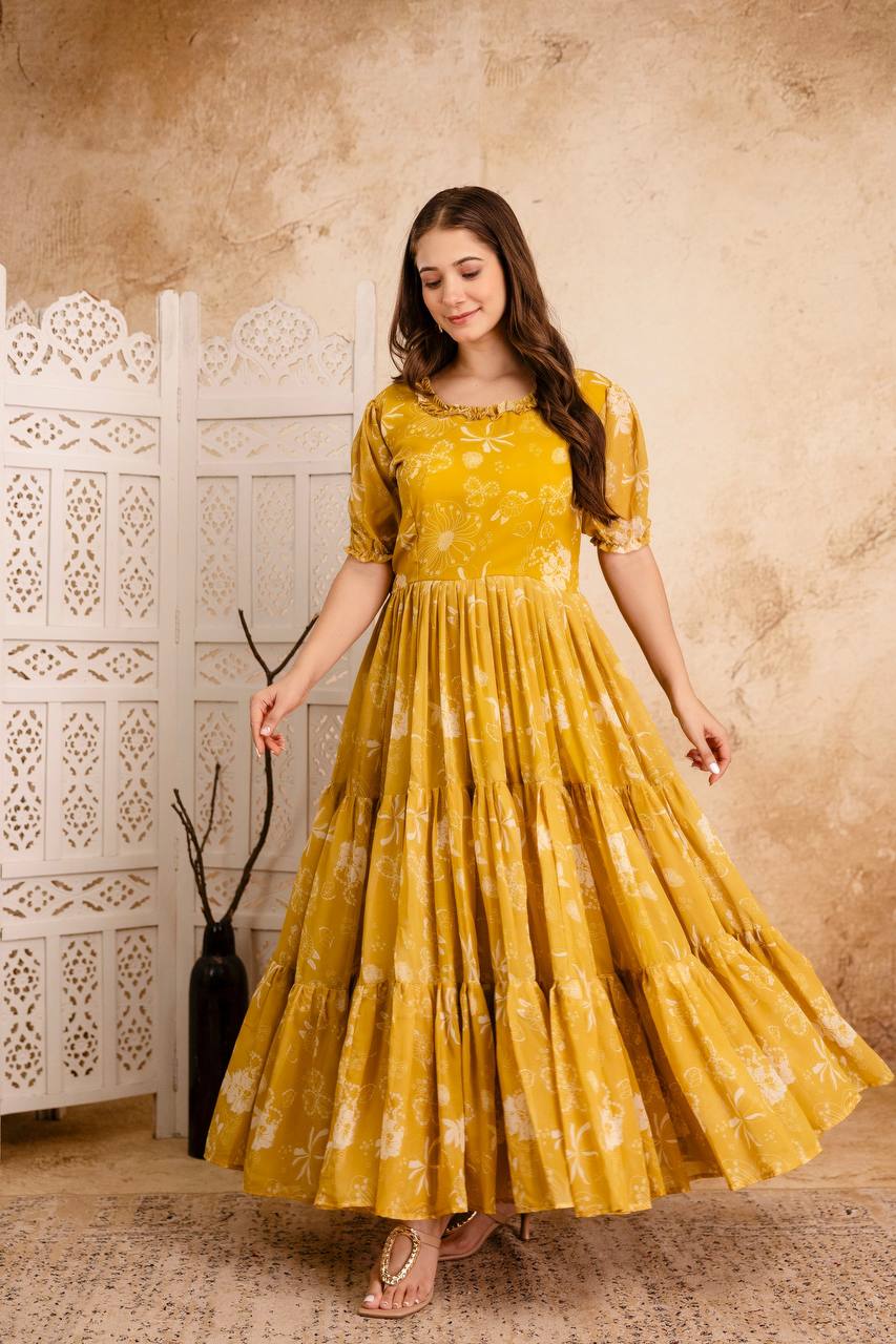 Mustard Yellow Printed Anarkali Kurta for Women | Flared Ethnic Dress