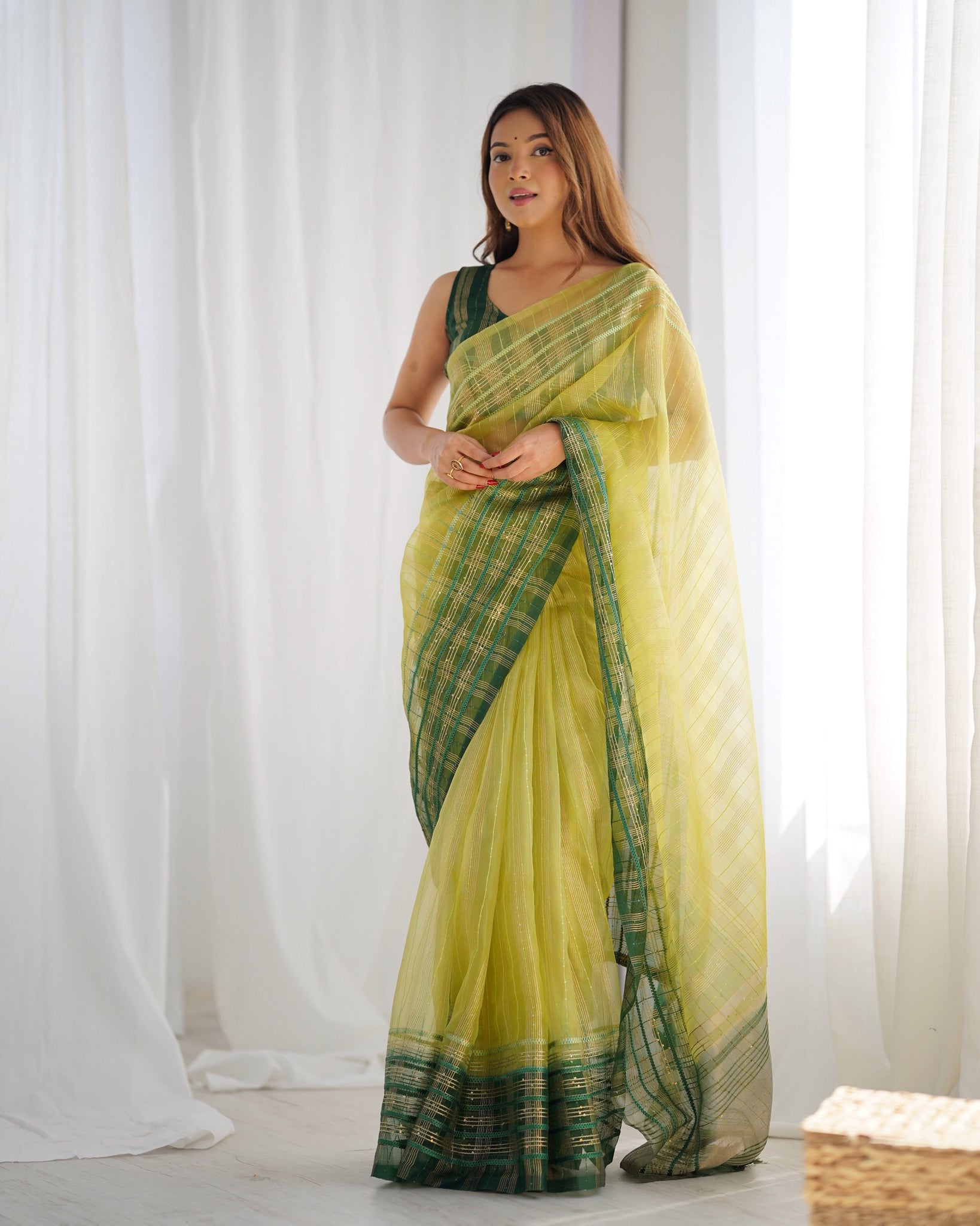 Yellow Organza Embroidered  Saree for women