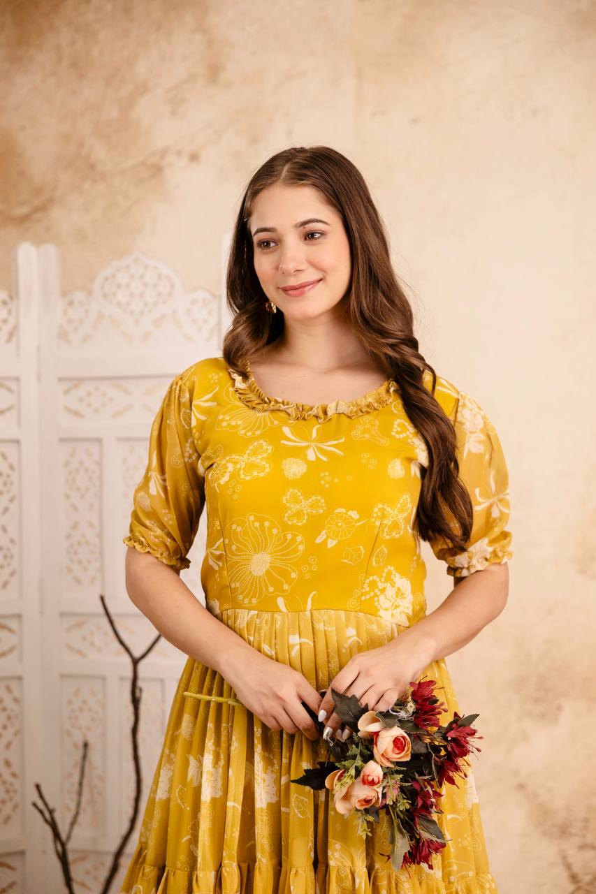 Mustard Yellow Printed Anarkali Kurta for Women | Flared Ethnic Dress