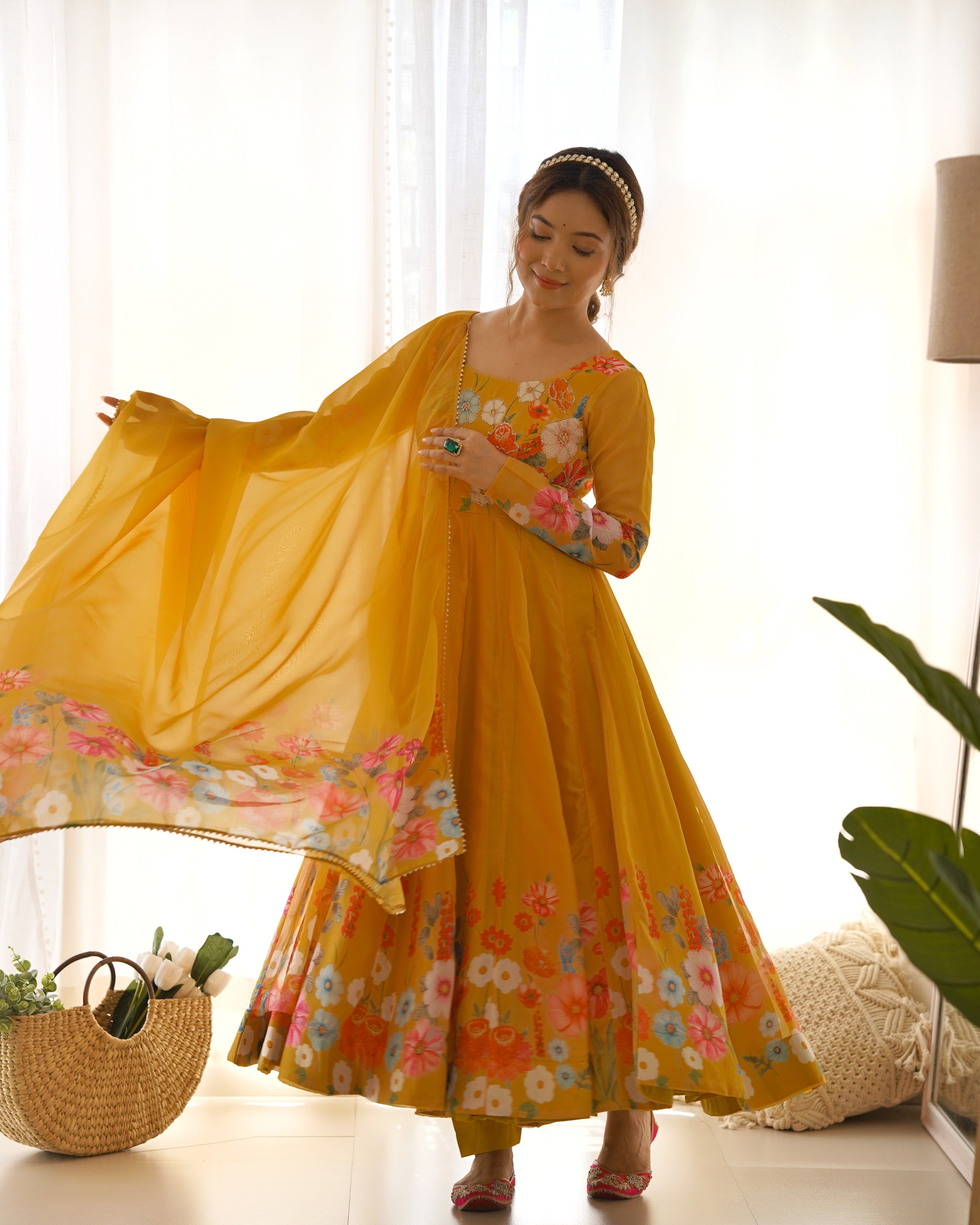 Hand-Floral Print Organza Silk Anarkali Suit Set