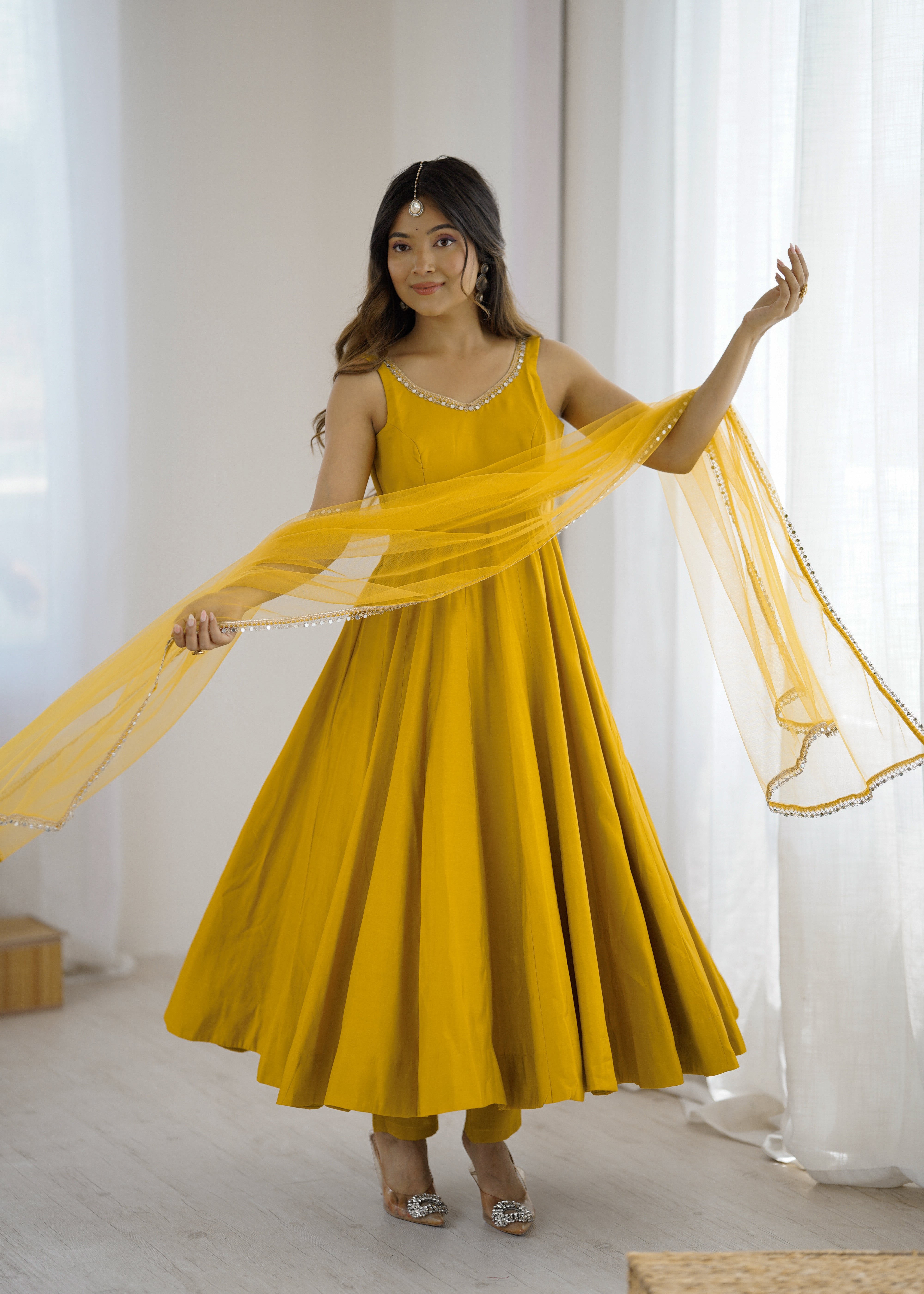 YELLOW_Women’s Anarkali Suit Set with Dupatta