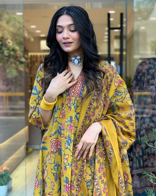 Elegant Yellow Floral Anarkali Kurta Set with Dupatta