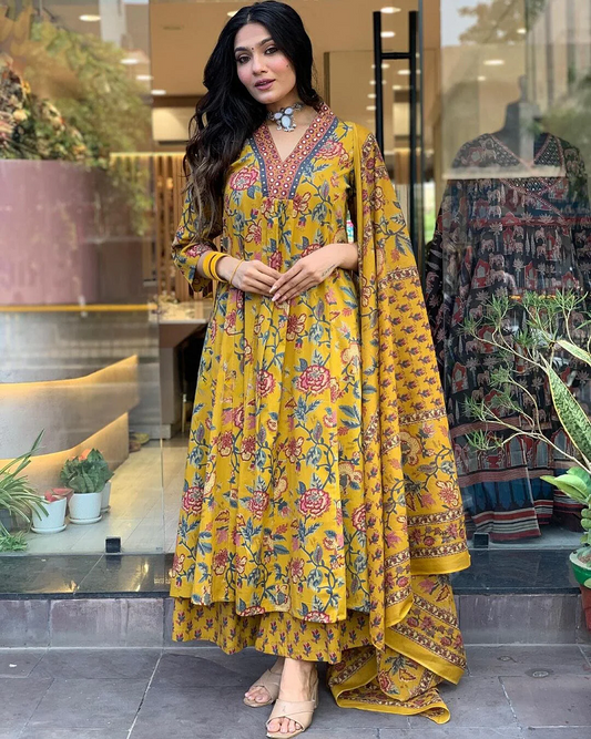 Elegant Yellow Floral Anarkali Kurta Set with Dupatta