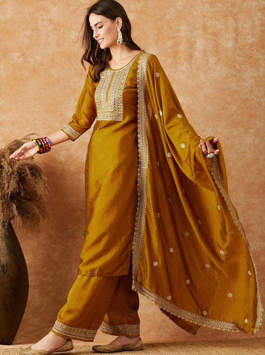 Vibrant Yellow Embroidered Kurta Set with Sheer Dupatta