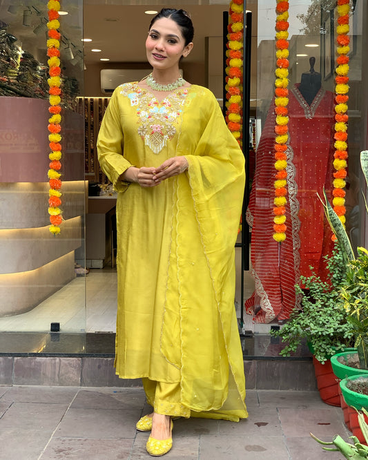 Elegant Yellow Silk Suit with Embroidered Neckline and Dupatta – Festive Ethnic Wear