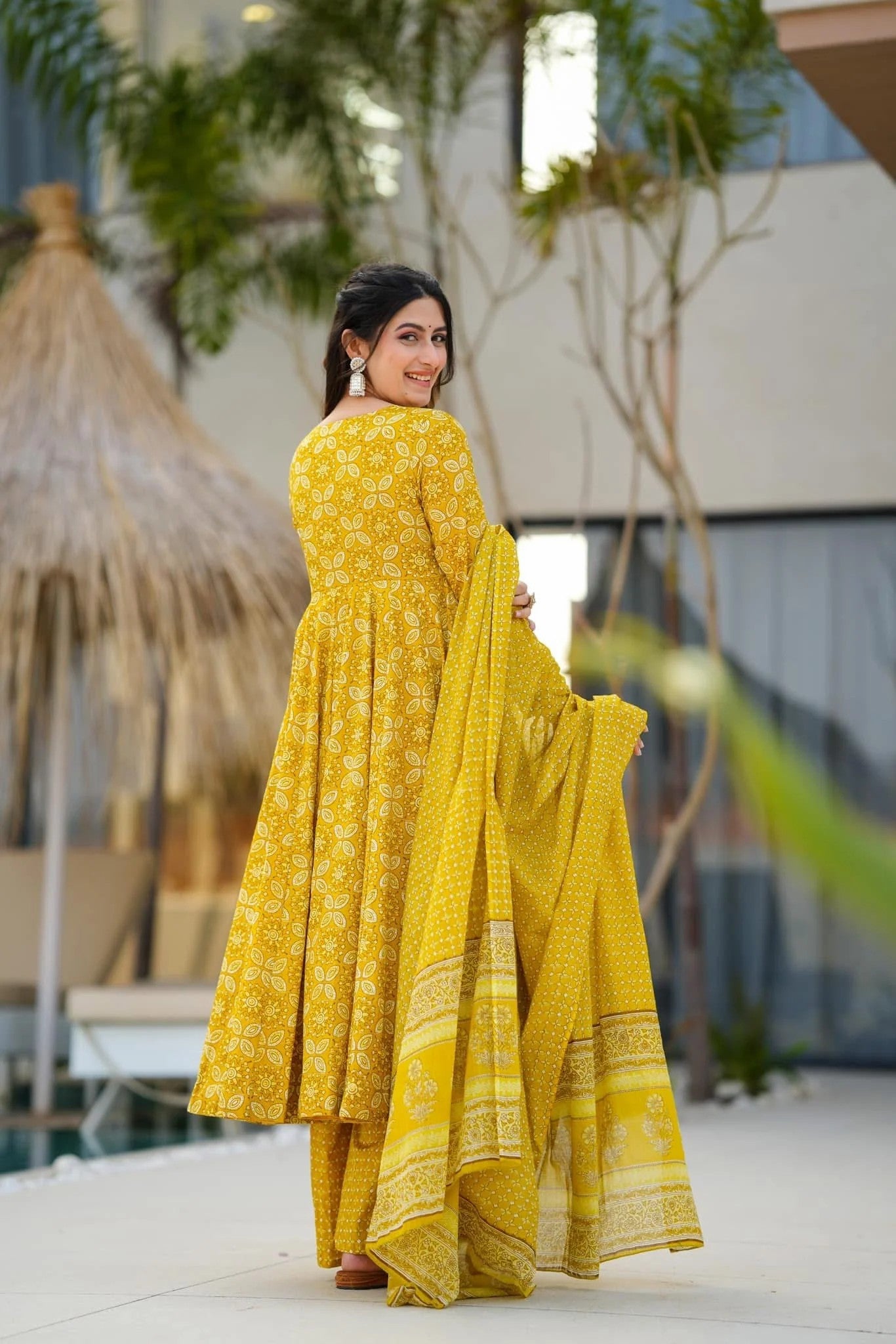 Yellow Floral Printed Anarkali Kurta Set with Dupatta