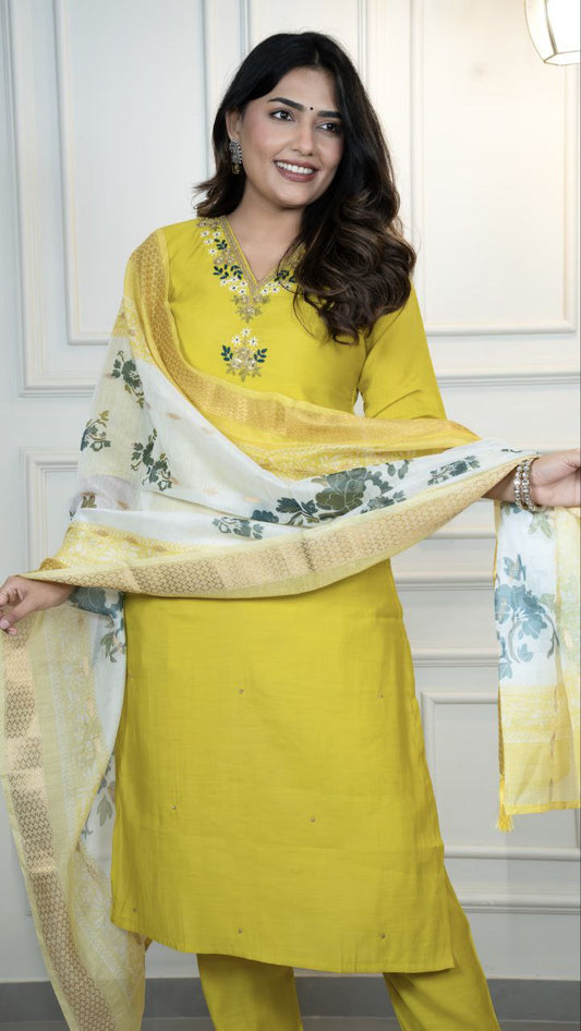 Bright Yellow Kurta Set with Printed Dupatta