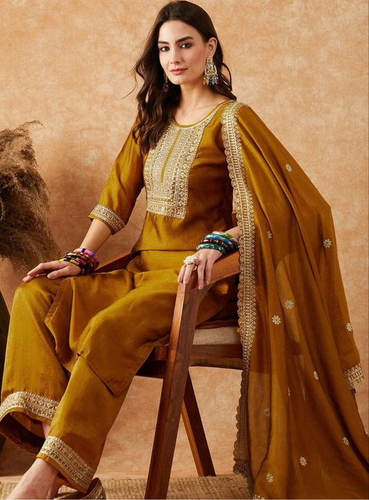 Vibrant Yellow Embroidered Kurta Set with Sheer Dupatta