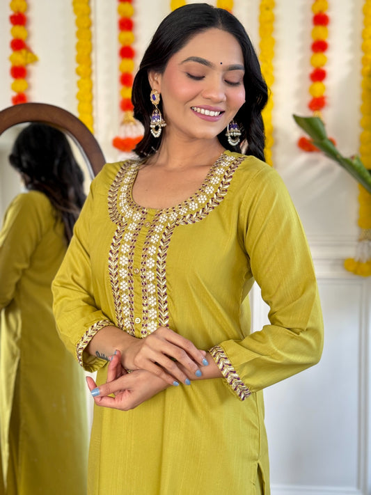 Vibrant Yellow Kurta Set with Purple Dupatta