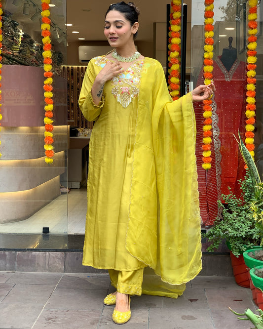Elegant Yellow Silk Suit with Embroidered Neckline and Dupatta – Festive Ethnic Wear