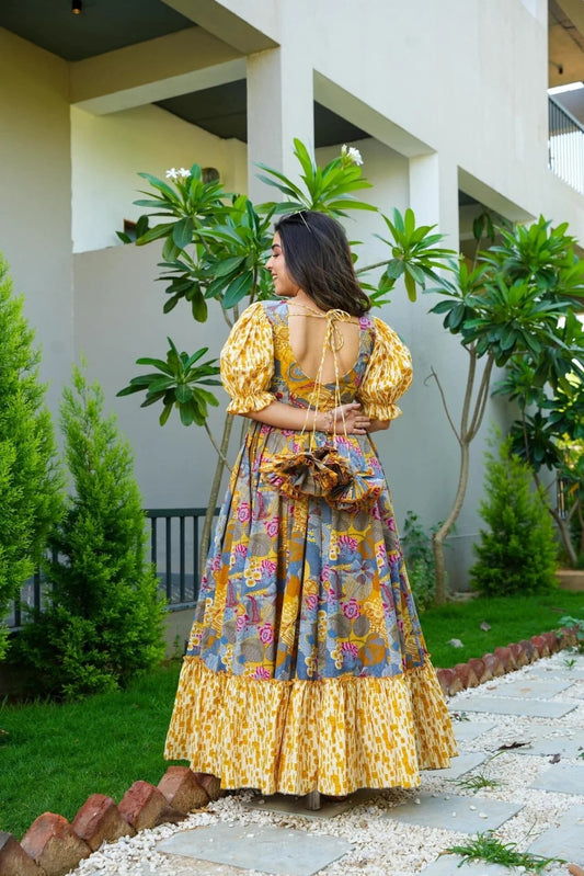 "Floral Fusion- yellow Dress With Puff Sleeve"
