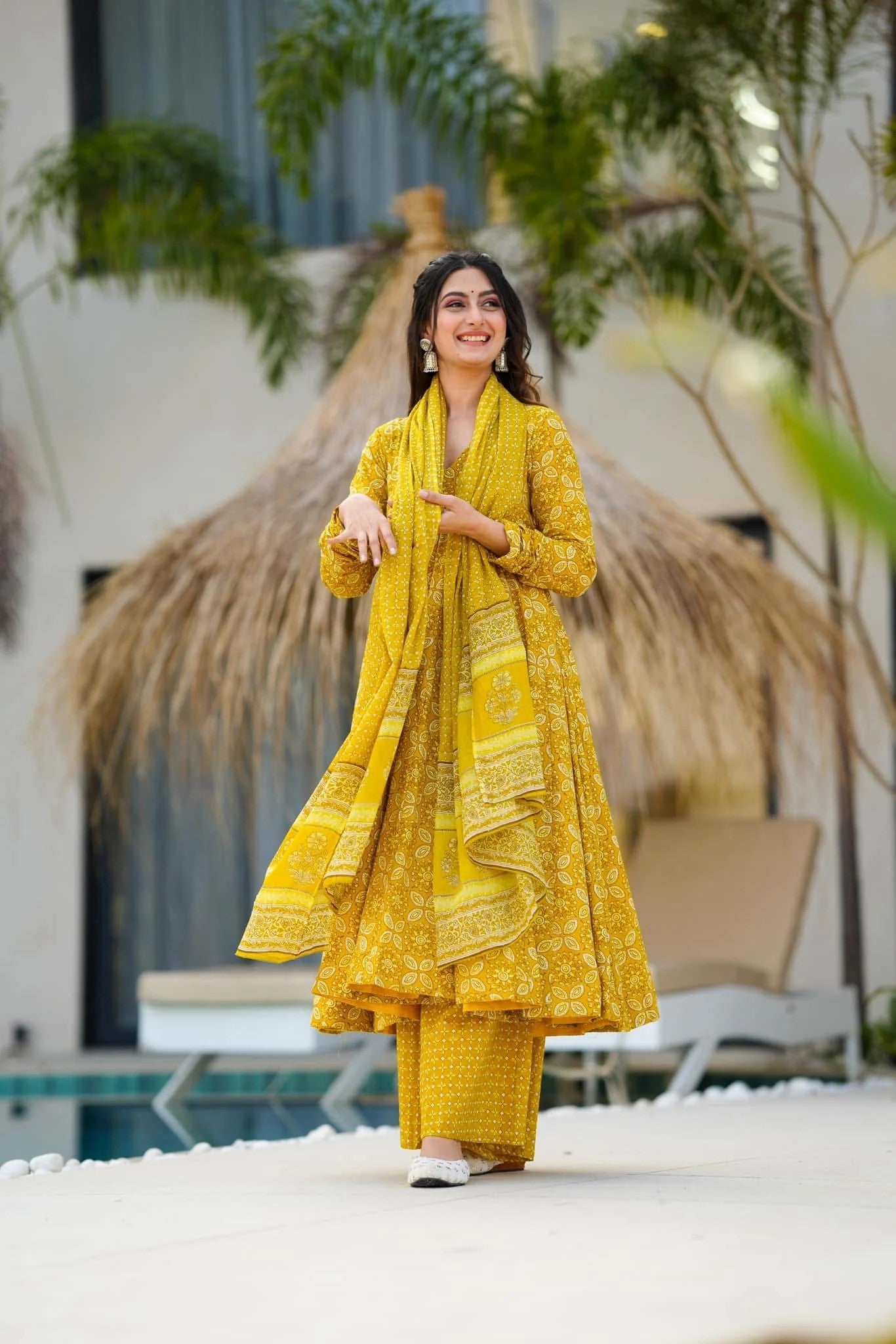 Yellow Floral Printed Anarkali Kurta Set with Dupatta