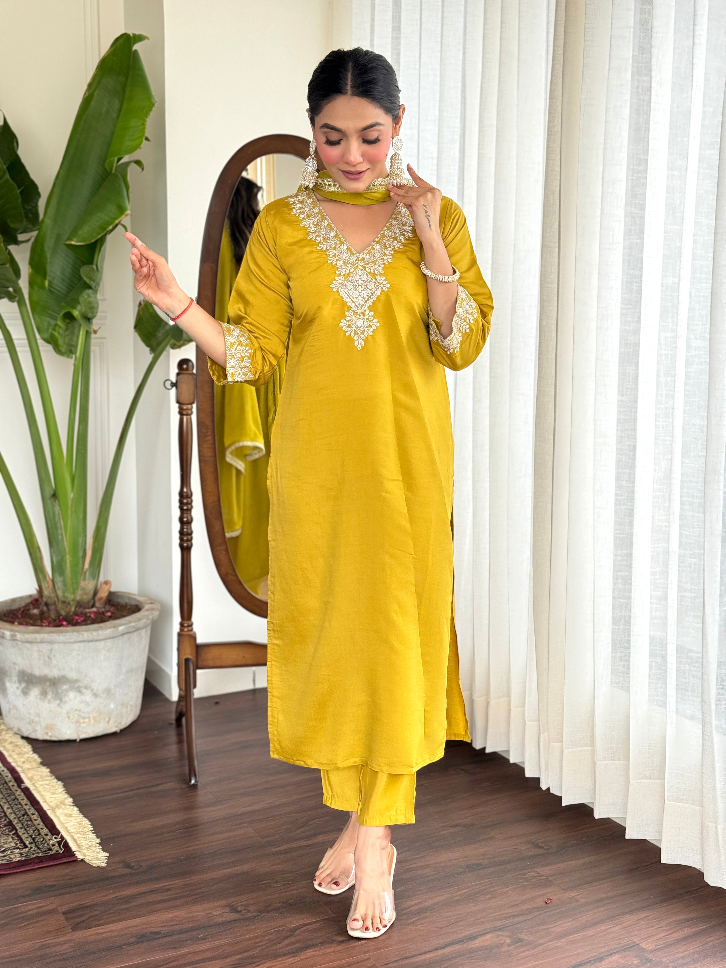 Yellow Embroidered Silk Kurta Set with Dupatta