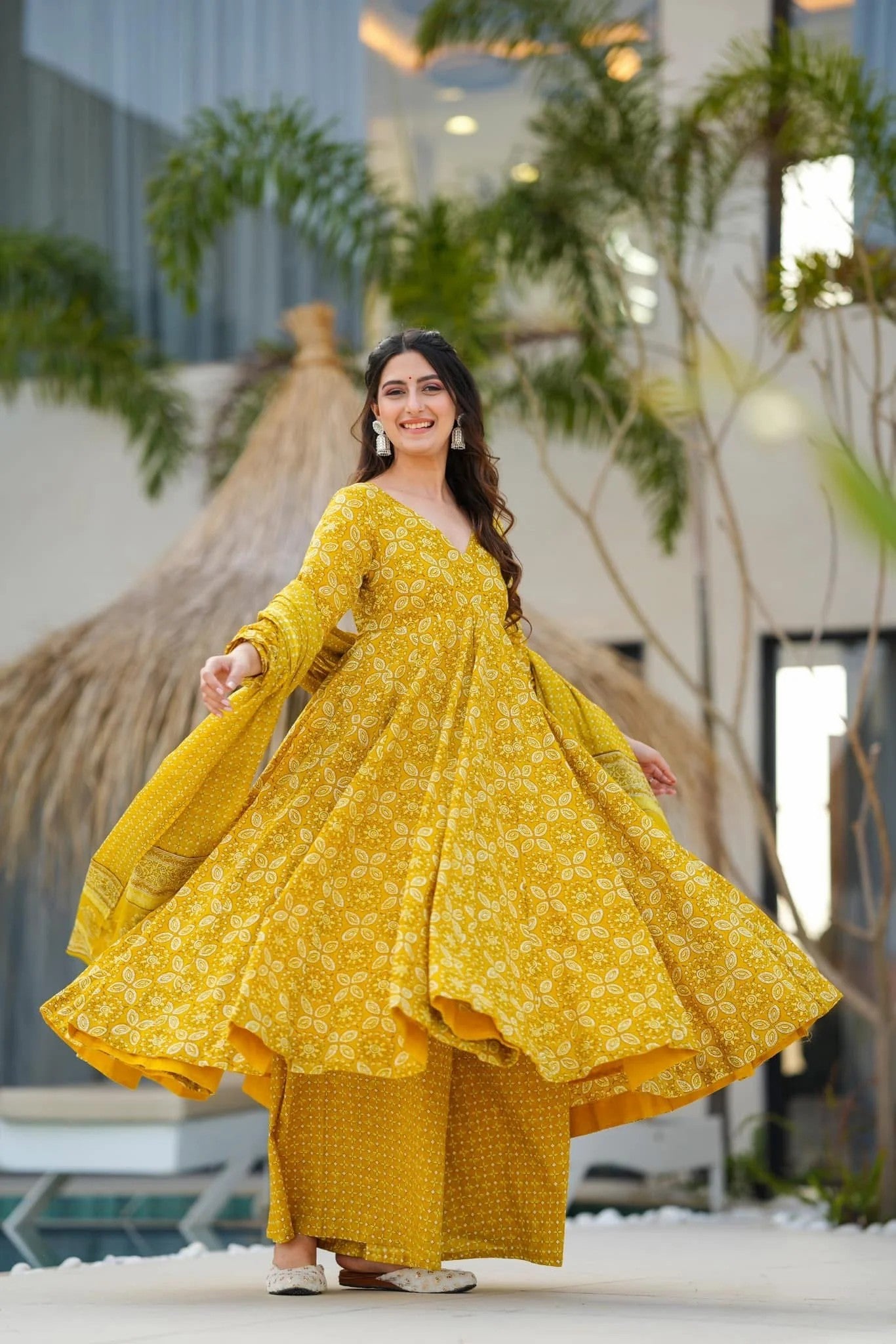 Yellow Floral Printed Anarkali Kurta Set with Dupatta