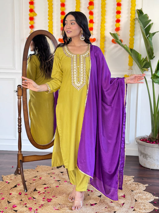 Vibrant Yellow Kurta Set with Purple Dupatta