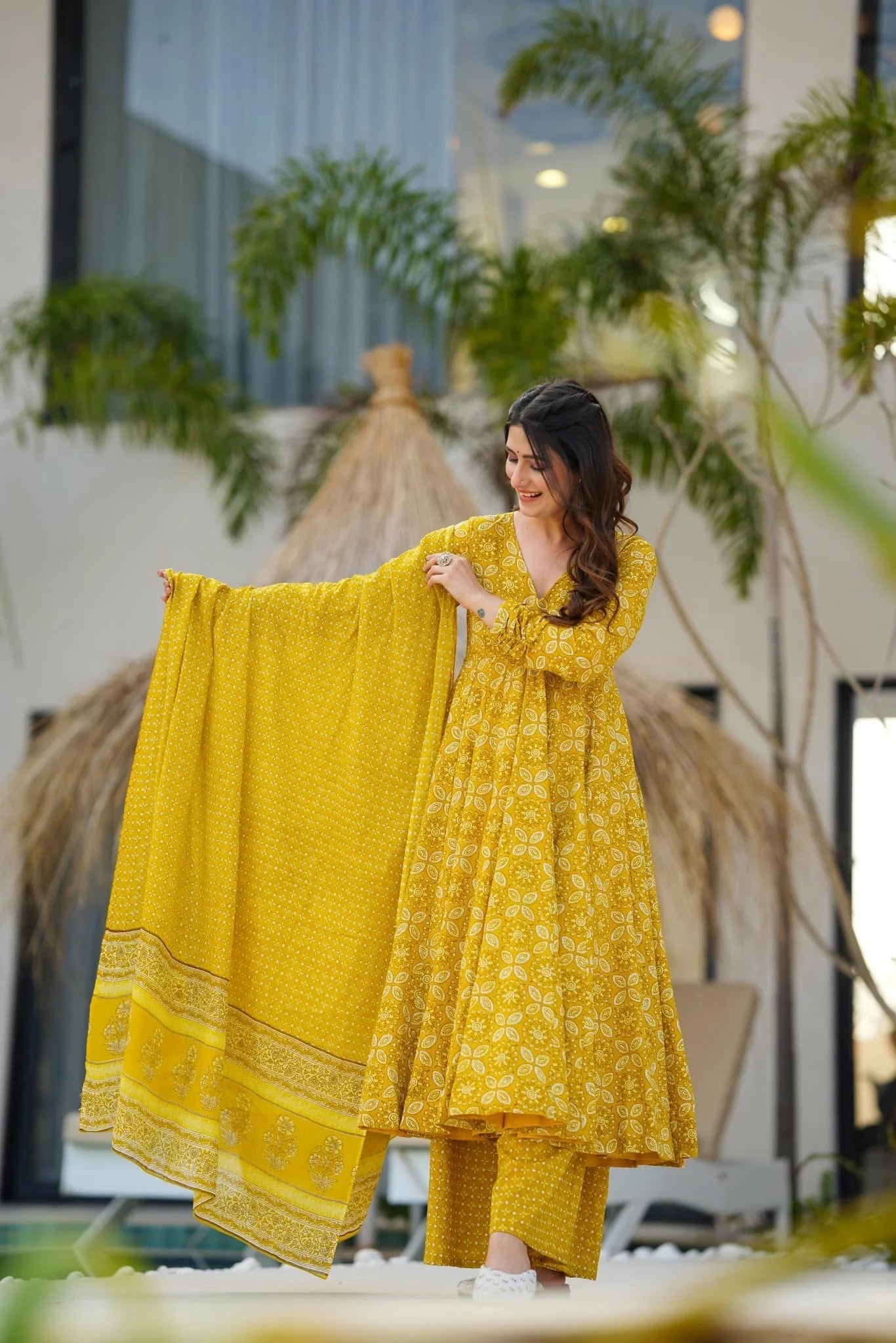 Yellow Floral Printed Anarkali Kurta Set with Dupatta
