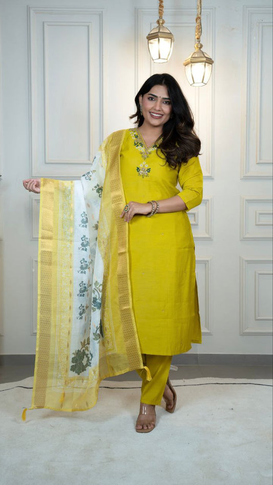 Bright Yellow Kurta Set with Printed Dupatta