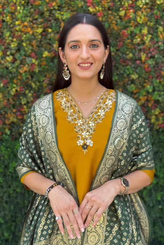 Yellow Kurti Set with Green Dupatta – Elegant Traditional Outfit for Women