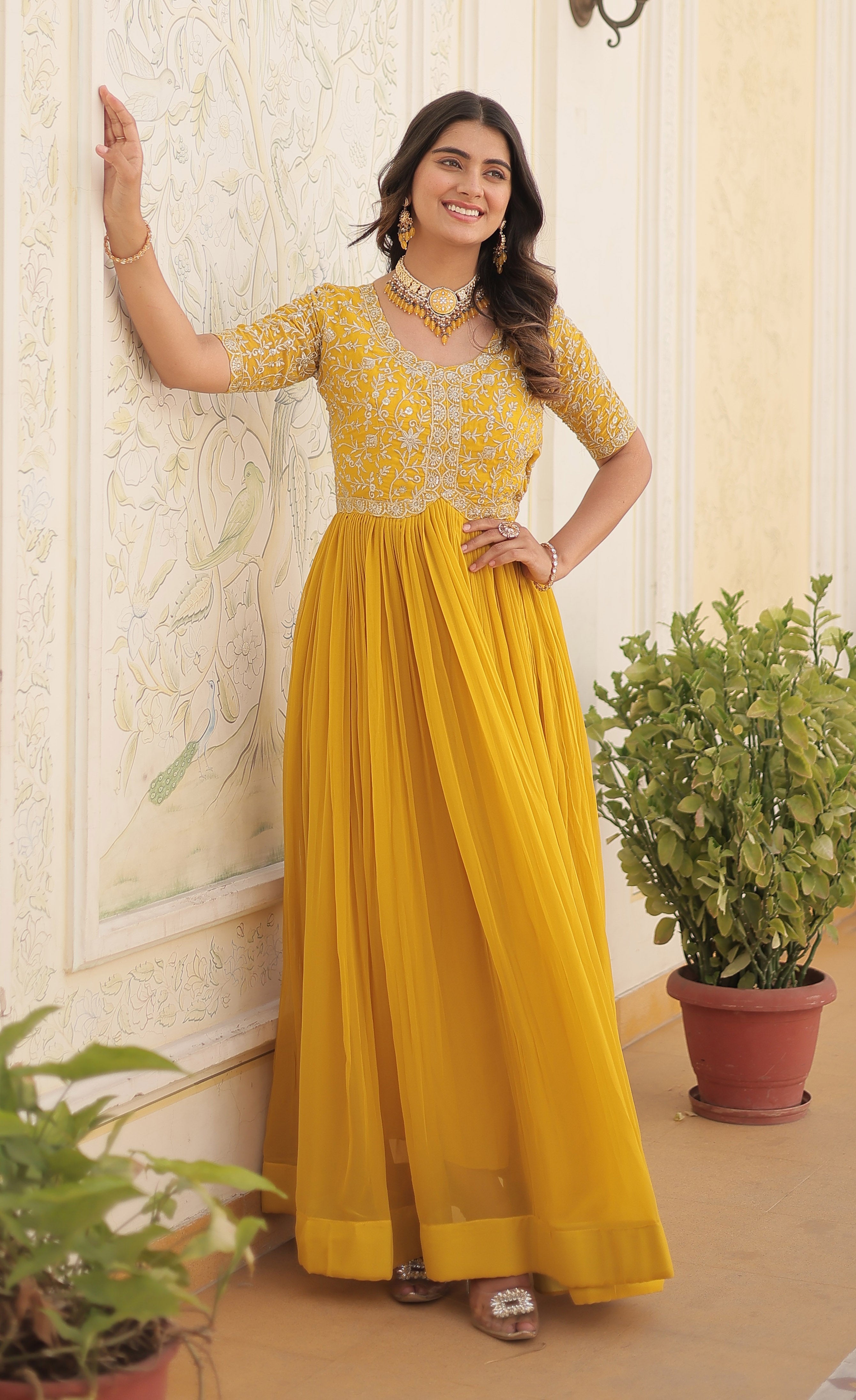 Yellow Designer Embroidered Anarkali Gown Festive Traditional Outfit