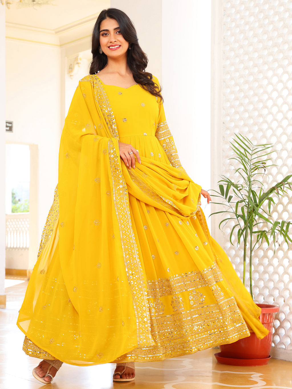 Yellow Embroidered Anarkali Kurti with Dupatta for Women