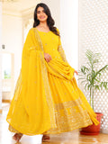 Yellow Embroidered Anarkali Kurti with Dupatta for Women