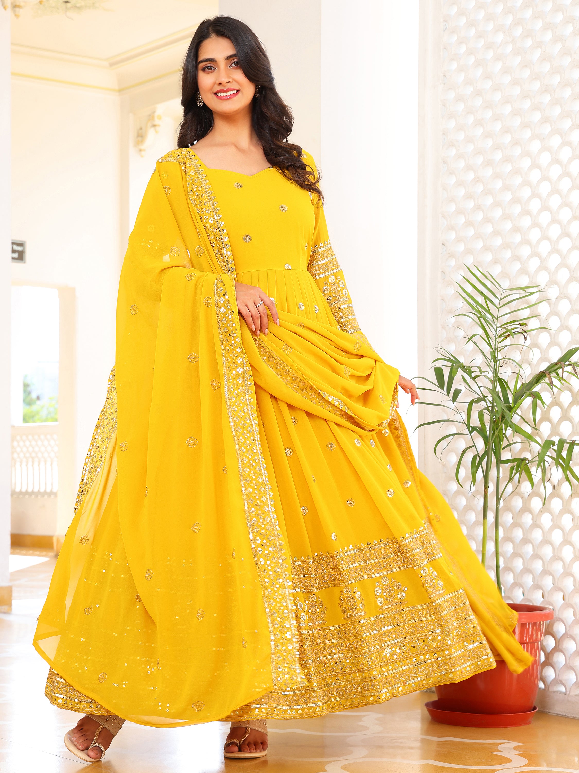 Yellow Embroidered Anarkali Kurti with Dupatta for Women