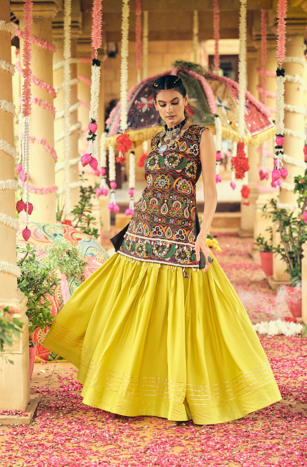 Yellow Lehenga Set with Multicolor Embroidered Top