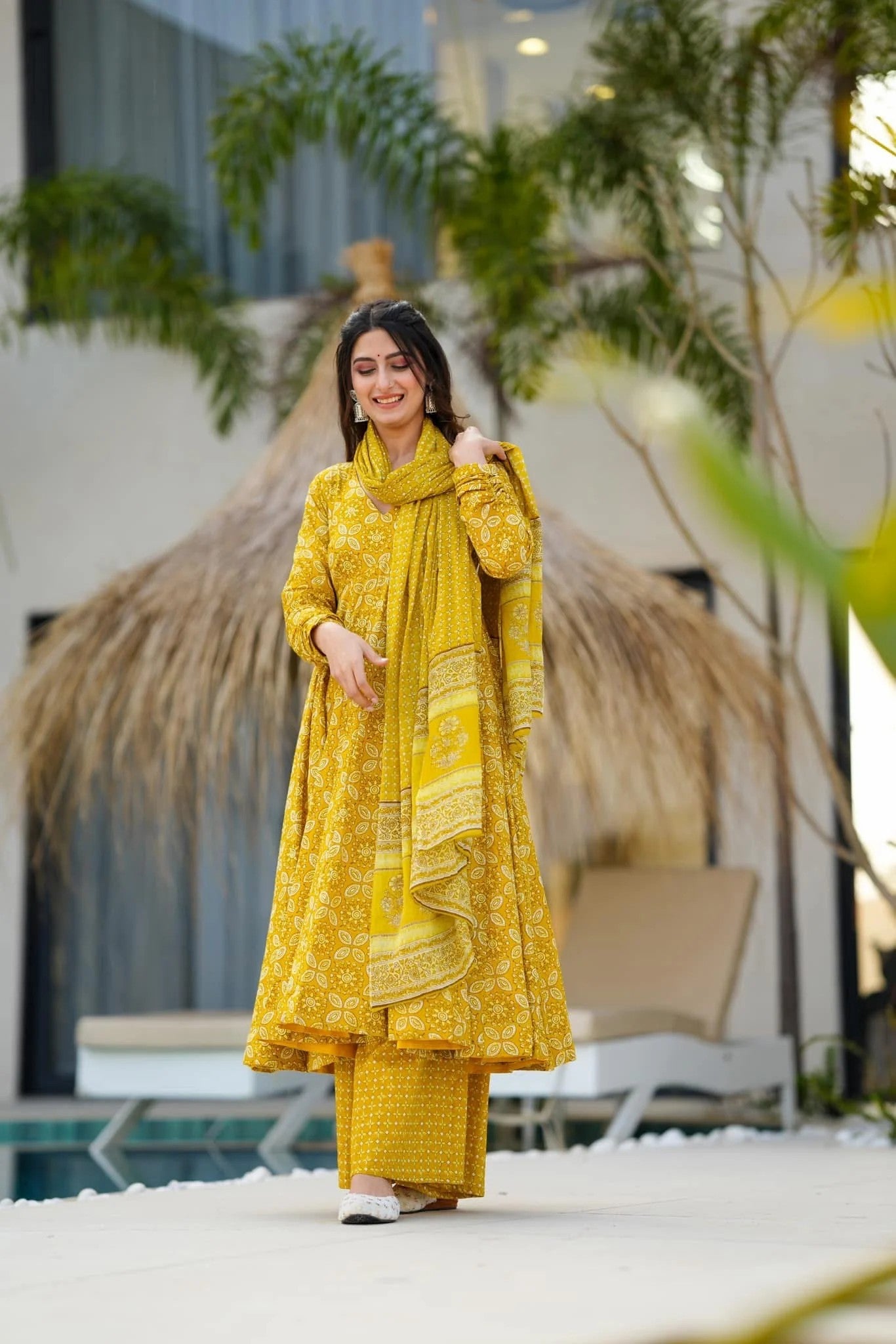 Yellow Printed Cotton Anarkali Suit Set
