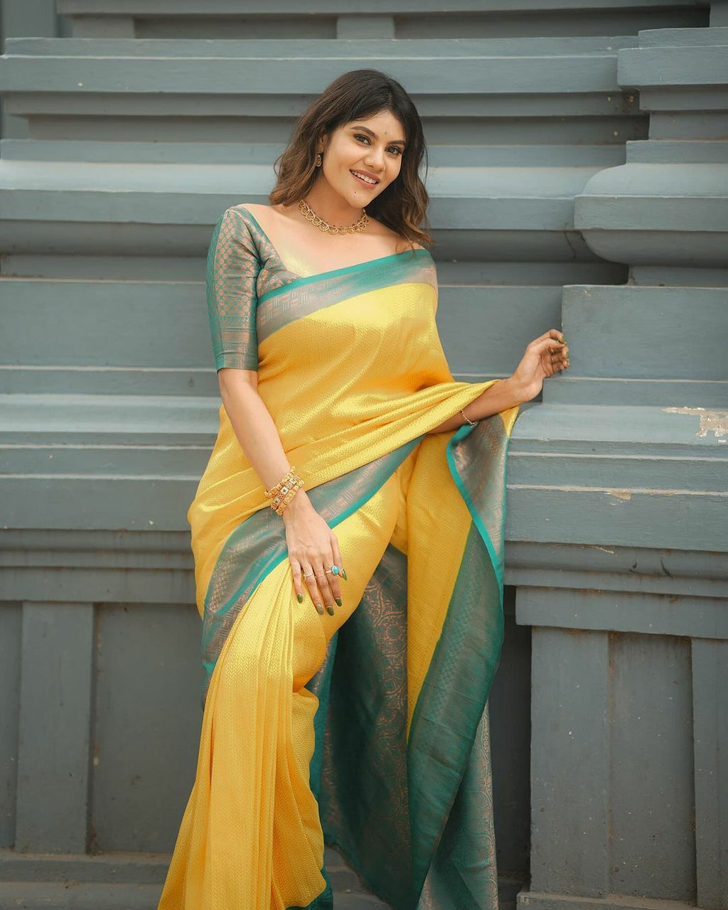 Yellow Silk Saree with Teal Green Border