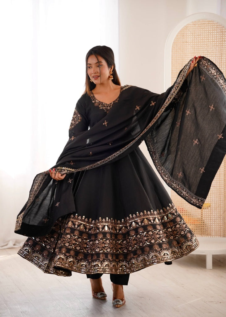 Flared Anarkali Suit Set with Intricate Border Embroidery & Matching Dupatta