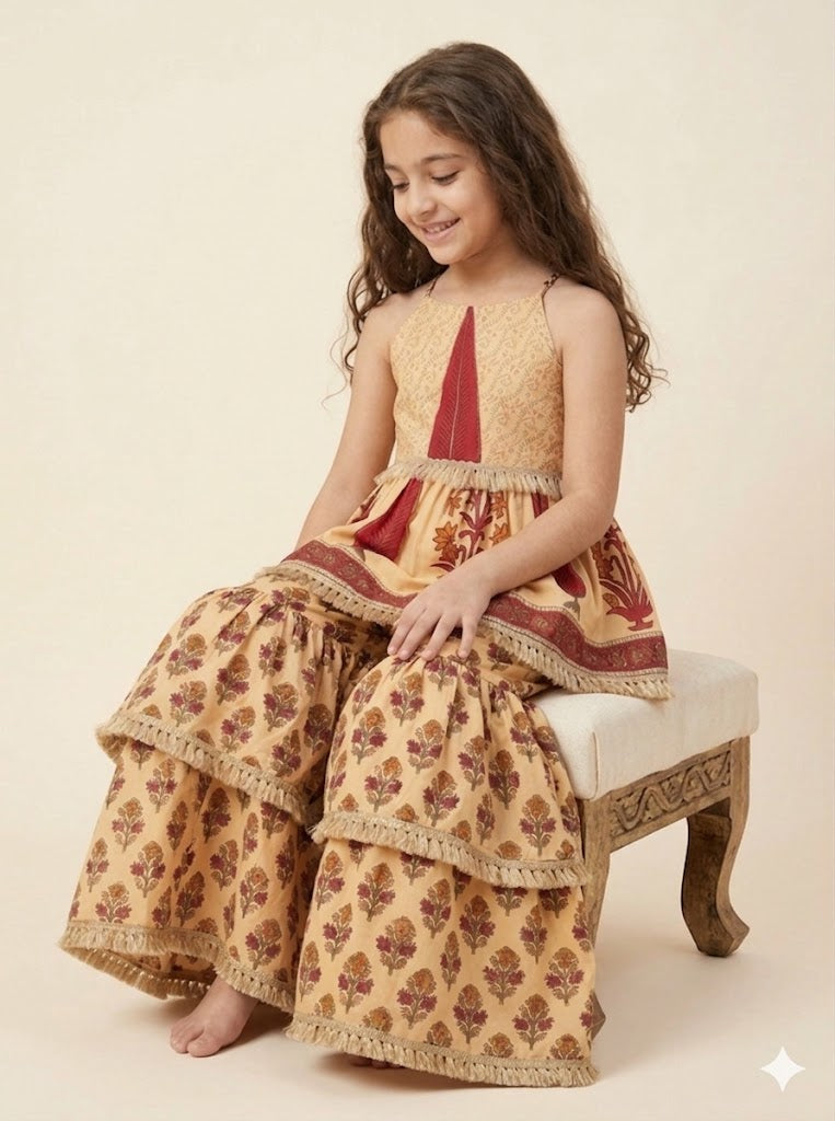 Girls Beige & Maroon Floral Printed Noodle Strap Kurti with Tiered Sharara Set
