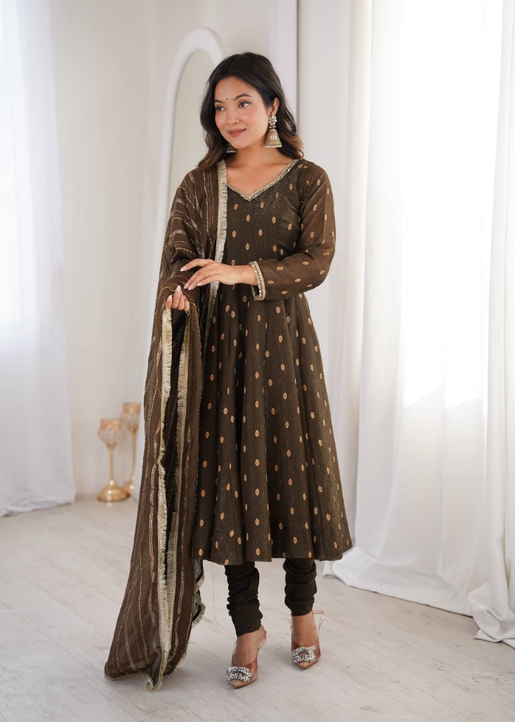 Chanderi Silk Woven Booti Anarkali Suit Set with Striped Dupatta & Churidar