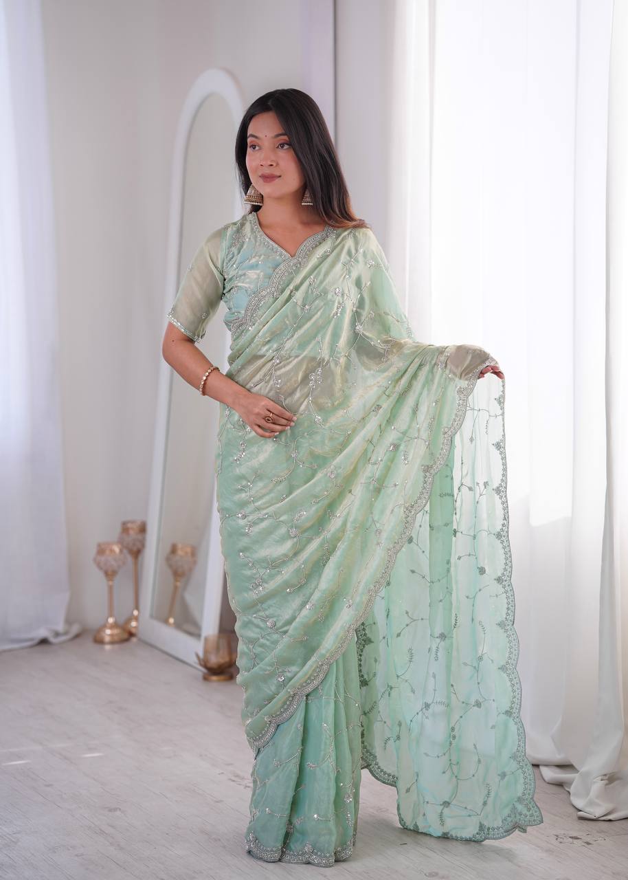 Tissue Organza Embroidered Saree with Cutwork Border & Unstitched Blouse Piece