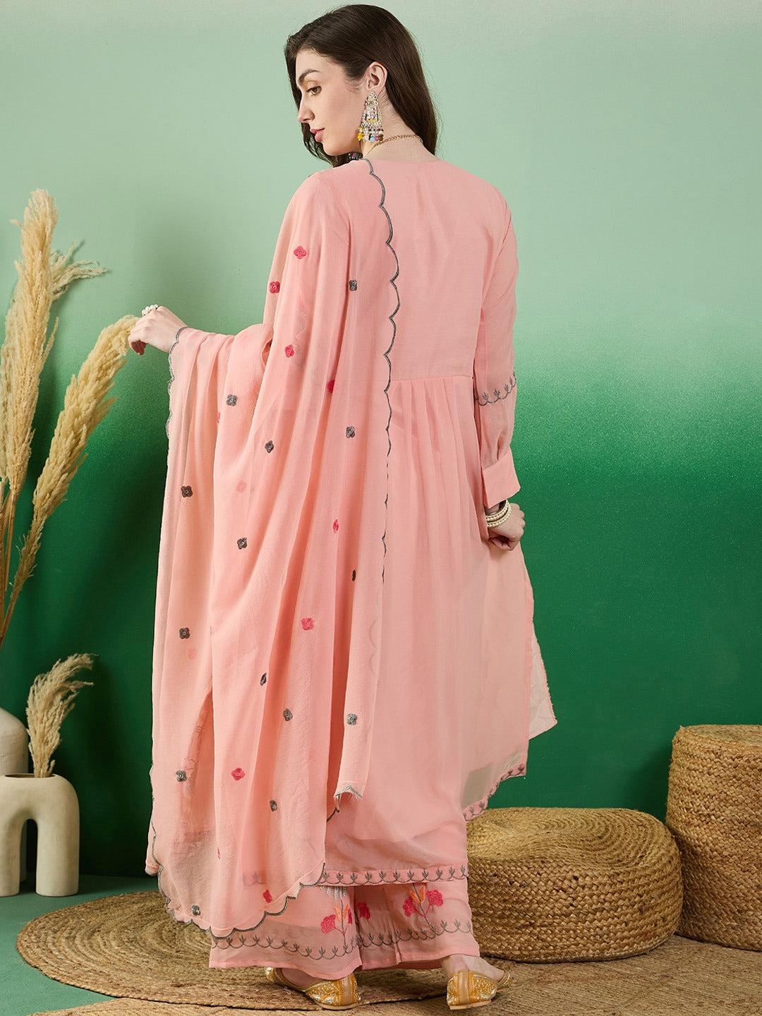 Peach Embroidered Kurta Set with Dupatta | Soft Festive & Ethnic Wear Suit
