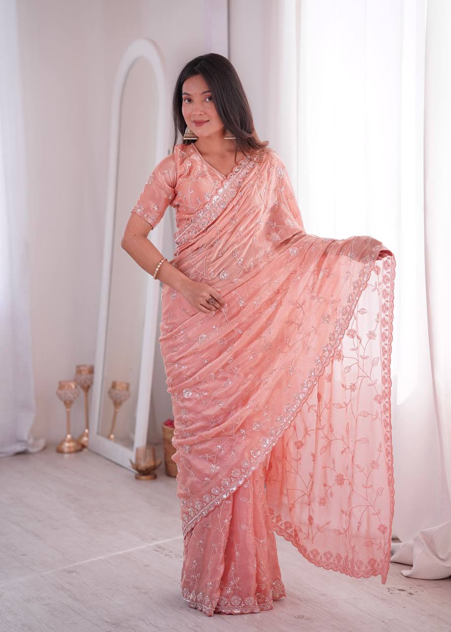 Pastel Organza Embroidered Saree with Scalloped Cutwork Border & Unstitched Blouse