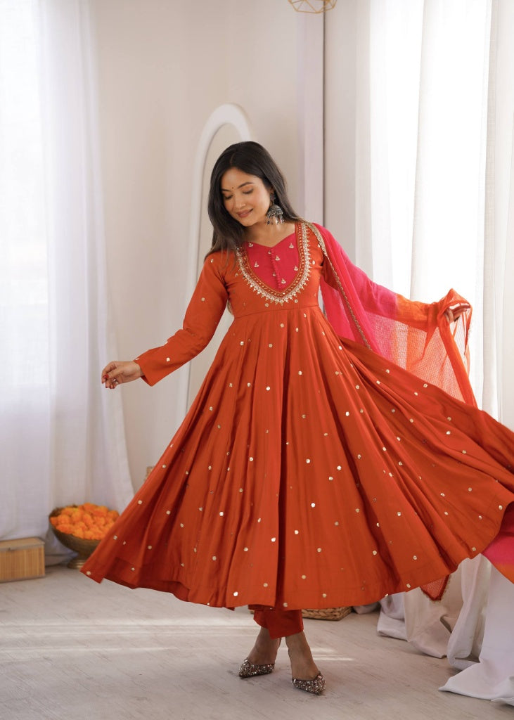 Contrast Yoke Silk Anarkali Suit Set with Dual-Tone Dupatta